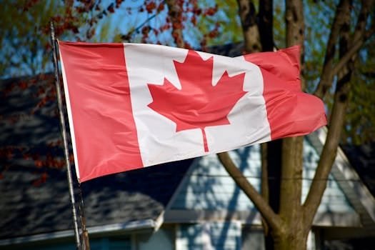 A vibrant Canadian flag, featuring the iconic maple leaf, waves outdoors in a sunny setting.